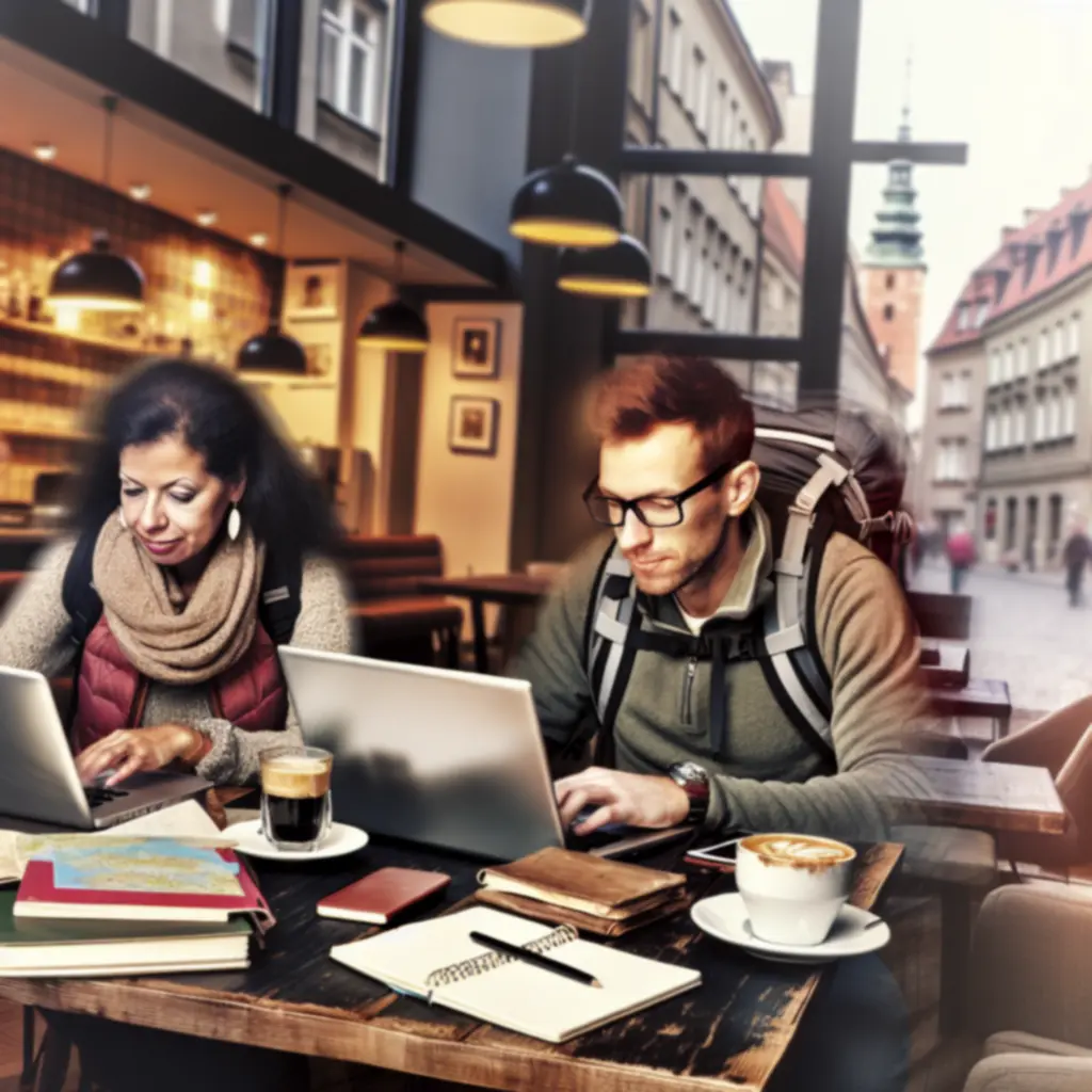 Zespół TravelGearumo pracujący nad artykułami podróżniczymi w kawiarni