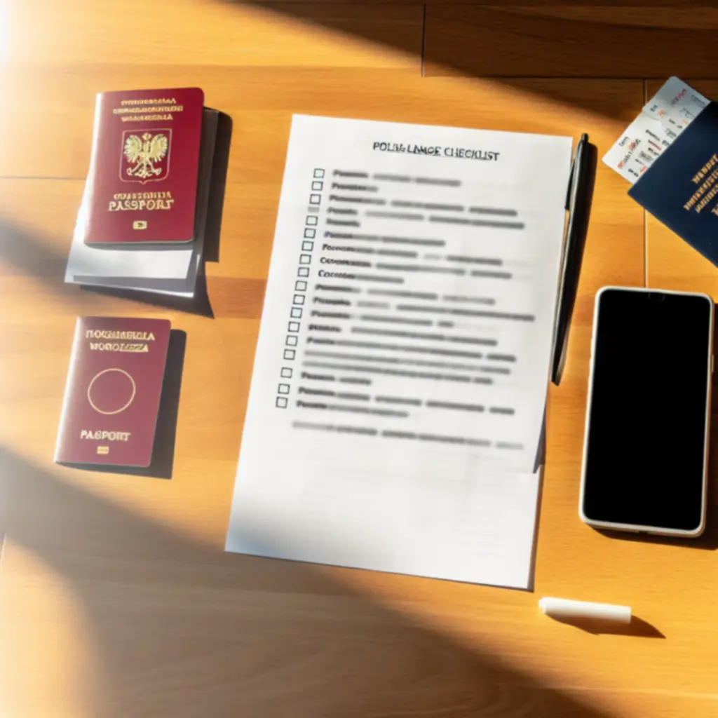 Biurko z listą kontrolną i dokumentami podróżnymi